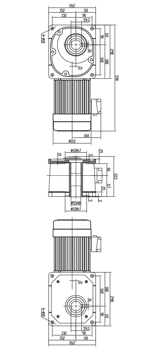 SGF55HL-2200W配R法蘭(雙面法蘭直角減速機(jī))安裝尺寸圖